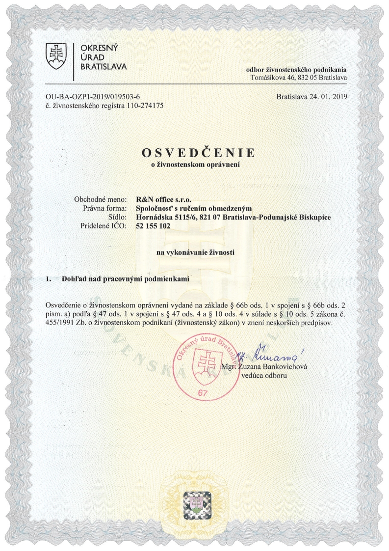 Osvedčenie na výkon viazanej živnosti                                           dohľad nad pracovnými podmienkami 